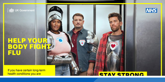 3 people dressed in armour with the wording "Help your body fight flu"