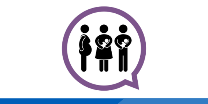 Illustration of three figures. One is pregnant, one is a woman holding a baby and the last is a man holding a baby.