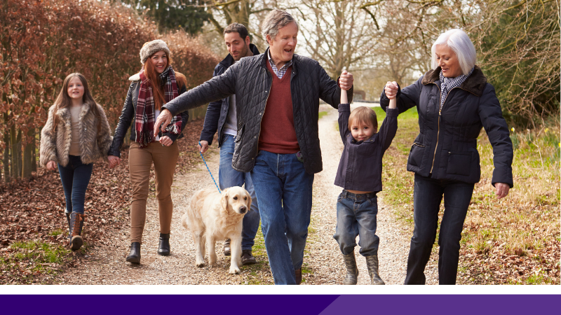 Family of all ages and a dog walking together happily in the park on an autumnal day